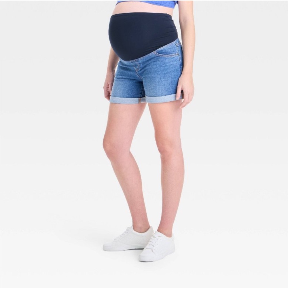 Over Belly High Rise Maternity Denim Shorts - Medium Wash